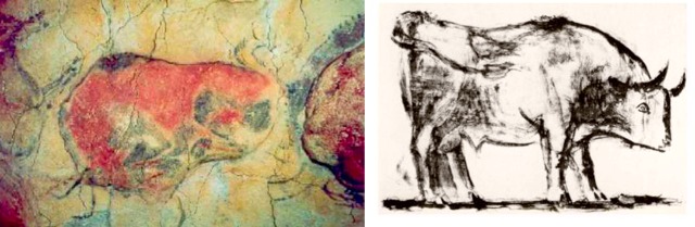 Left: Wounded Bison, unknown, ~15,000 BCE. Right: Bull -Plate 1, Pablo Picasso, 1945.